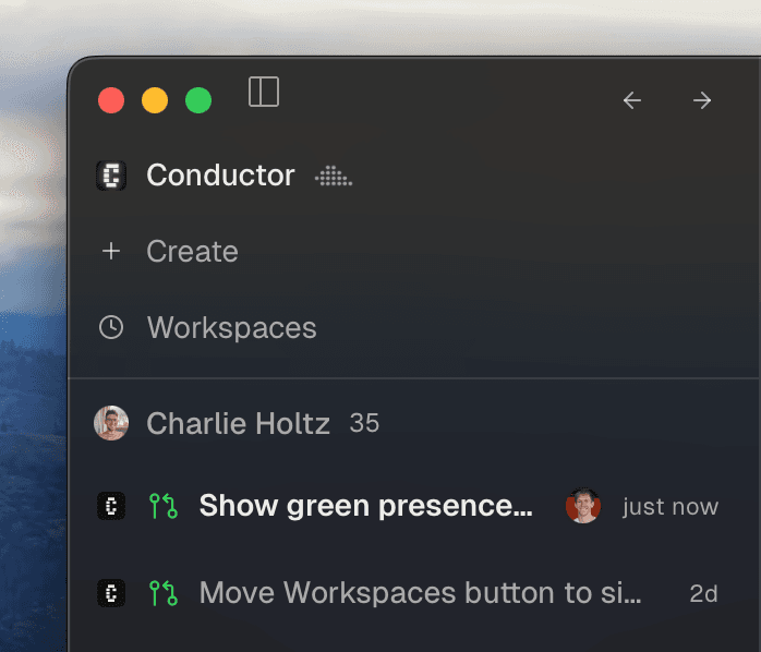 Conductor sidebar showing a teammate active in a shared workspace