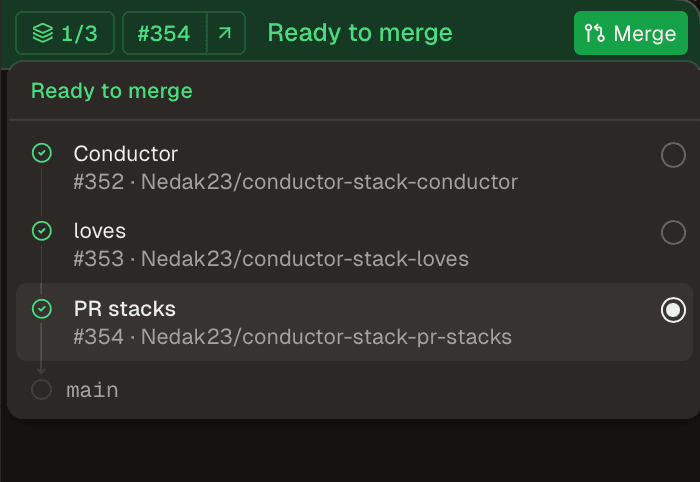 A three-pull-request stack in Conductor, ready to merge