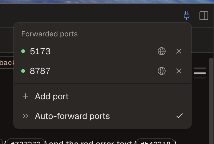 The ports popover with auto-forwarded ports