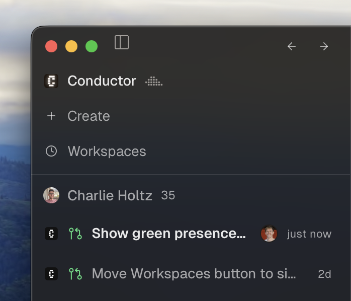 Conductor sidebar showing a teammate active in a shared workspace