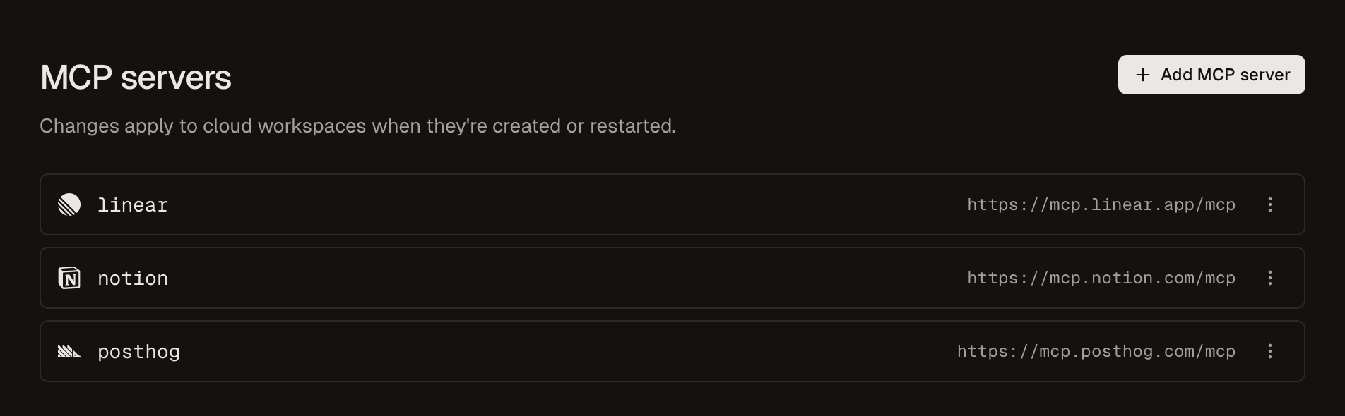 MCP servers configured for cloud workspaces
