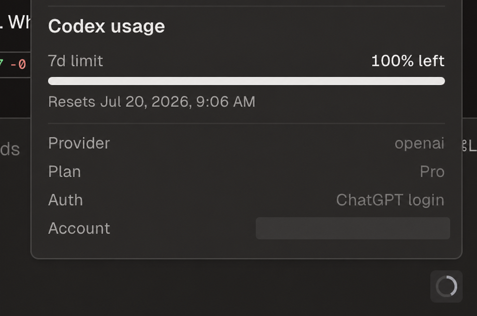 Codex usage panel showing account limits, reset time, plan, and authentication method