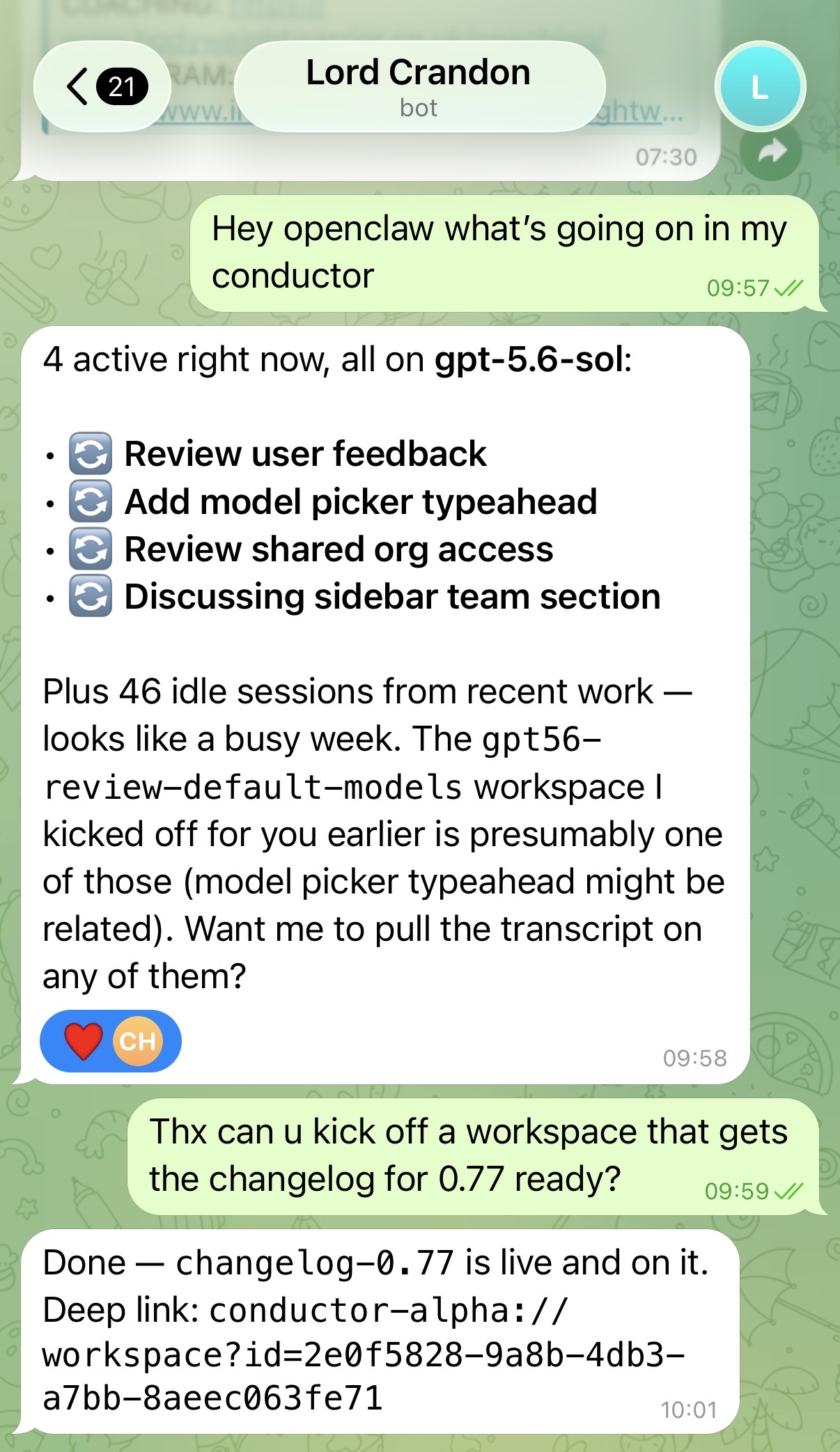 WhatsApp conversation with an OpenClaw bot summarizing active Conductor sessions and starting a workspace