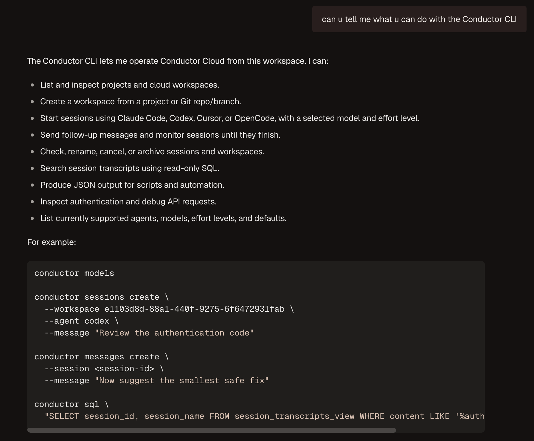 A cloud agent explaining how it can use the Conductor CLI