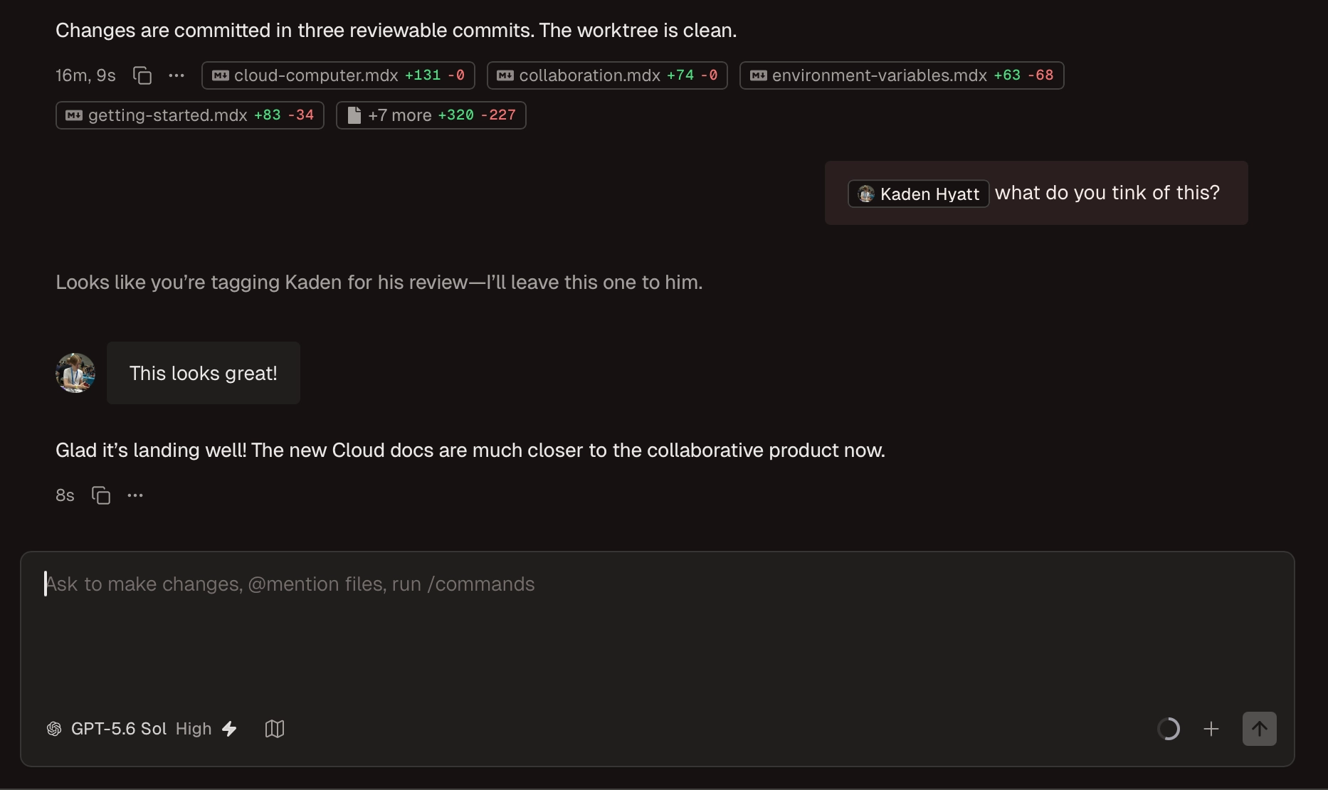 A Conductor Cloud workspace where one teammate asks another to review documentation changes