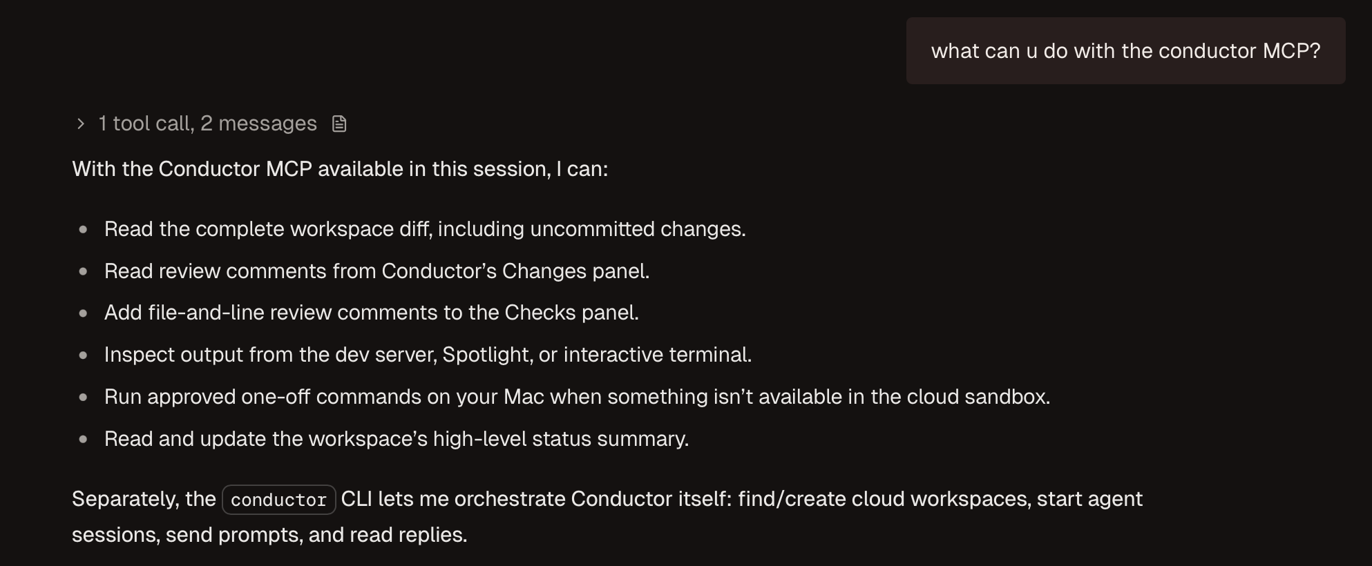 Conductor MCP capabilities in an agent session