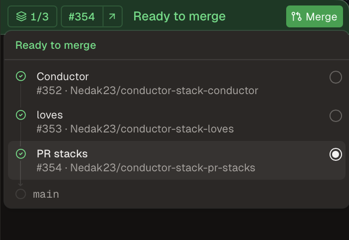A three-pull-request stack in Conductor, ready to merge