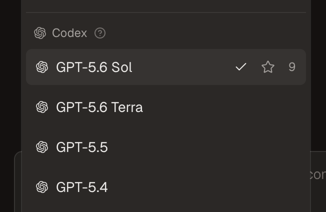 GPT-5.6 Sol and GPT-5.6 Terra in the Codex model picker