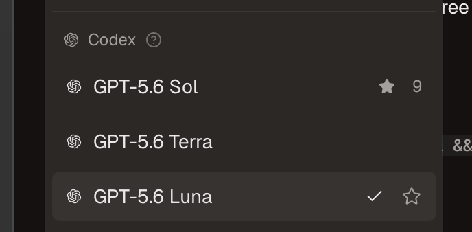 GPT-5.6 Luna alongside Sol and Terra in the Codex model picker