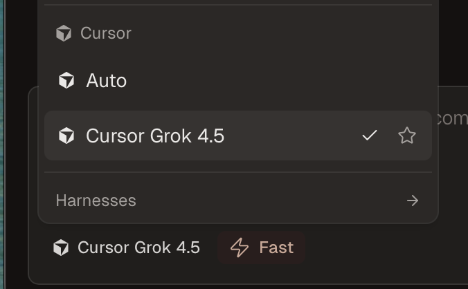 Auto and Cursor Grok 4.5 in the Cursor model picker