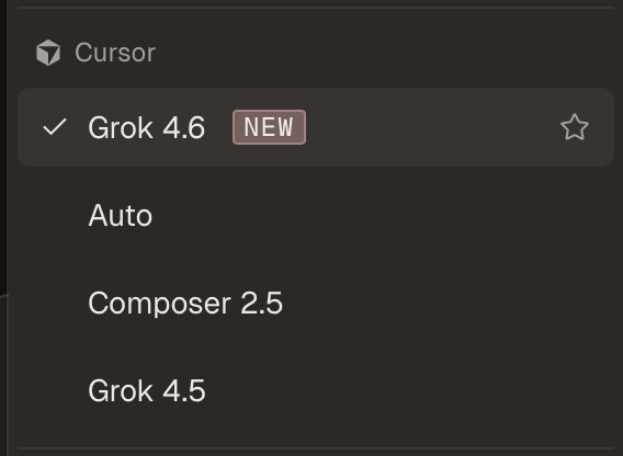 Grok 4.6 selected in the Cursor model picker