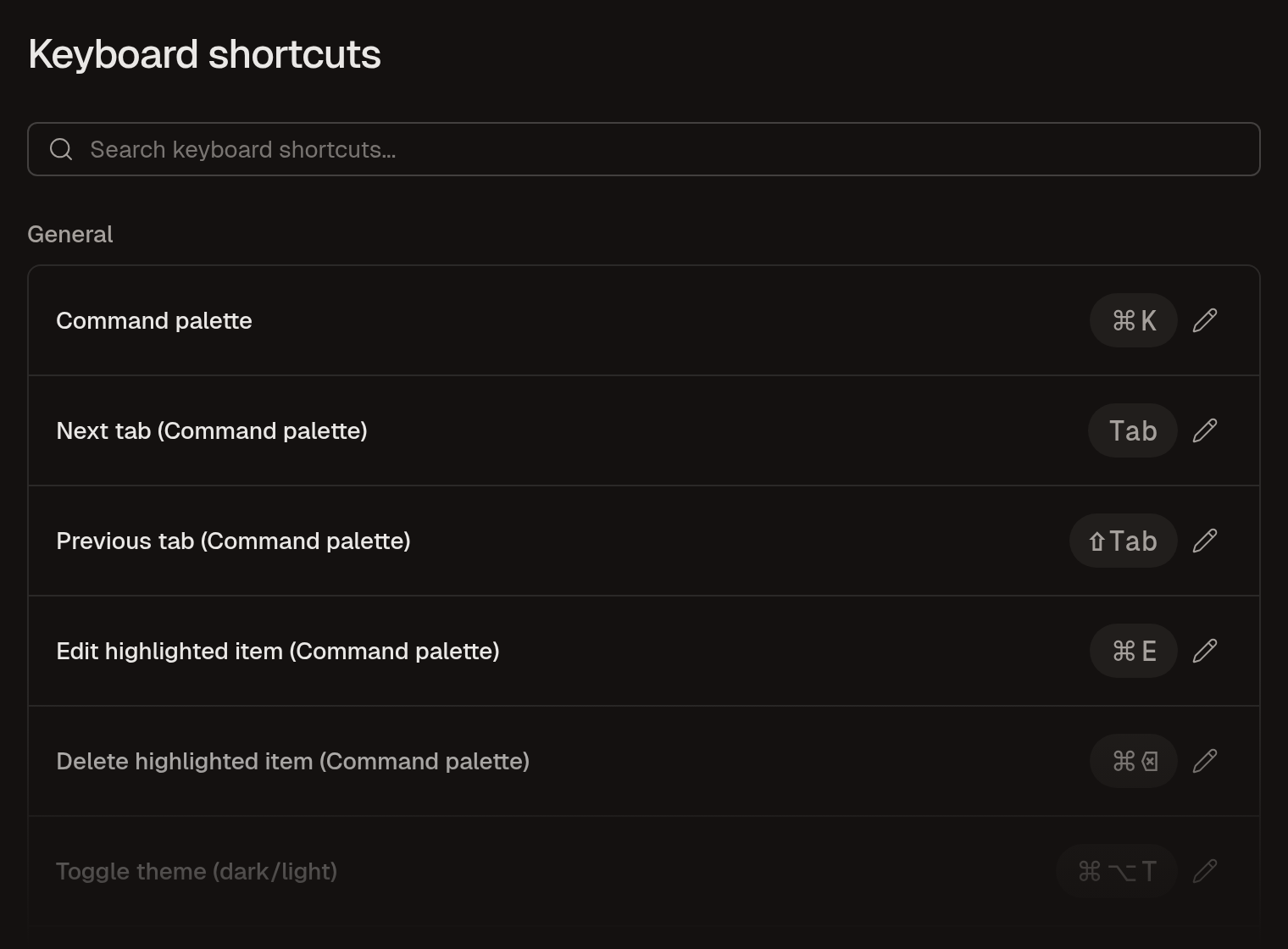 The Keyboard shortcuts settings page