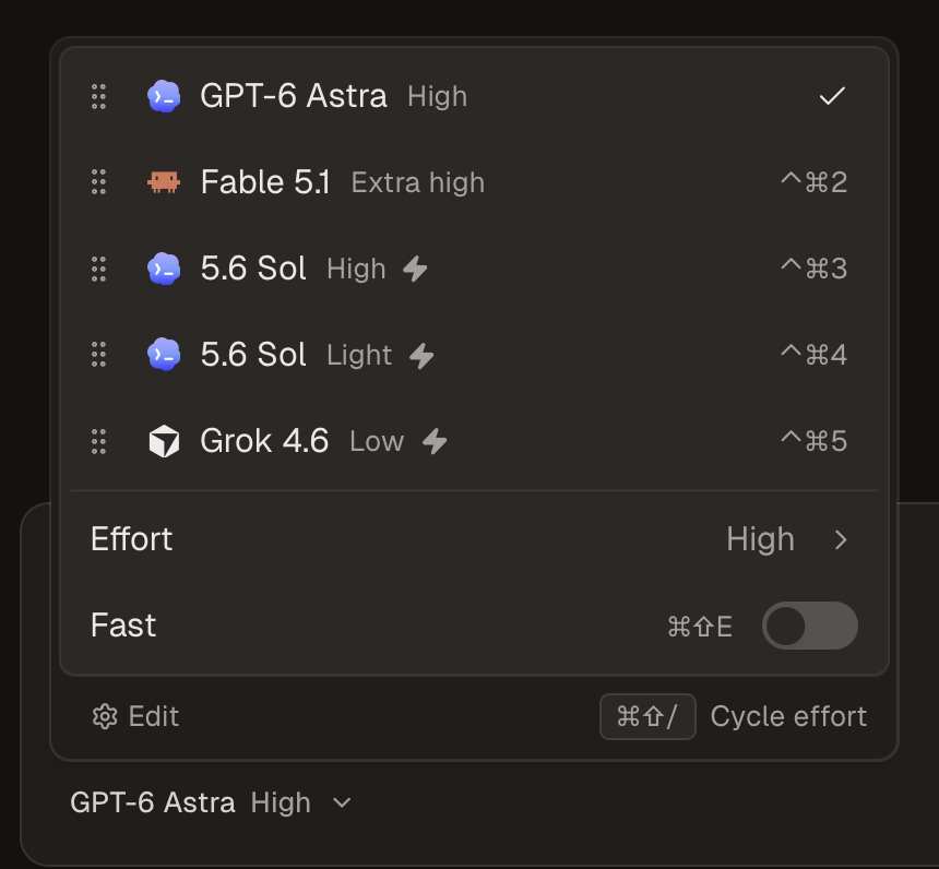 Model picker showing favorite models, effort levels, and the Fast toggle