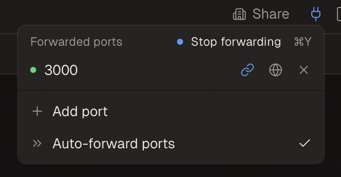 Copying a share link for a forwarded port from the ports popover