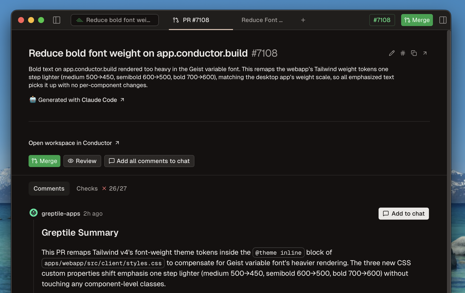 A pull request in Conductor's new PR page, with merge button, checks, and comments
