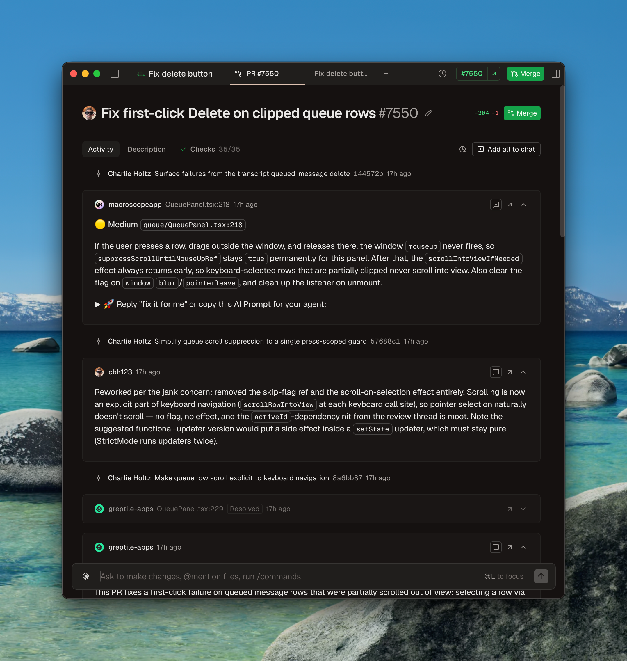 The refined PR page with comments, commits, and checks in one timeline