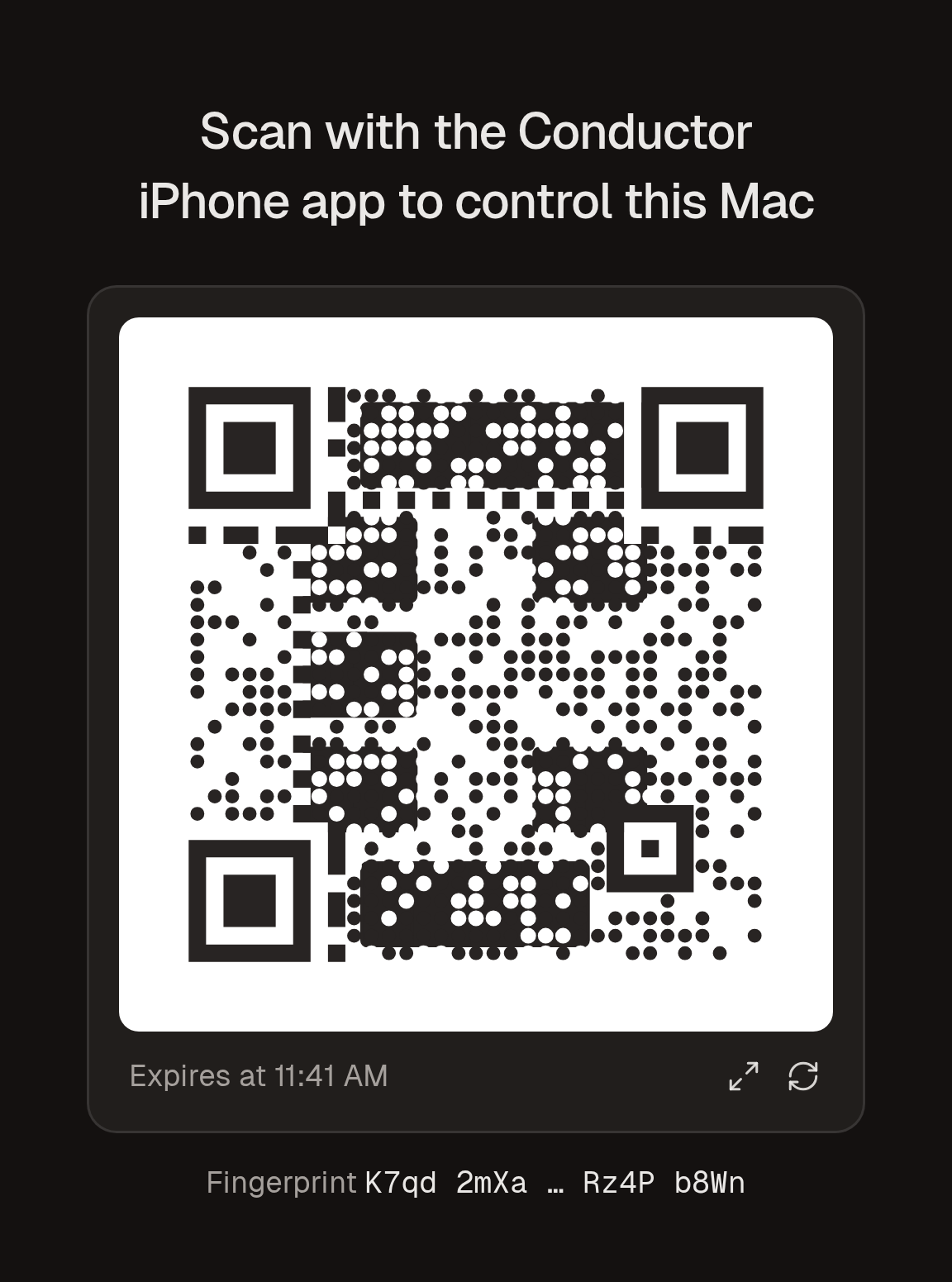 The QR code for pairing the Conductor iPhone app with a Mac