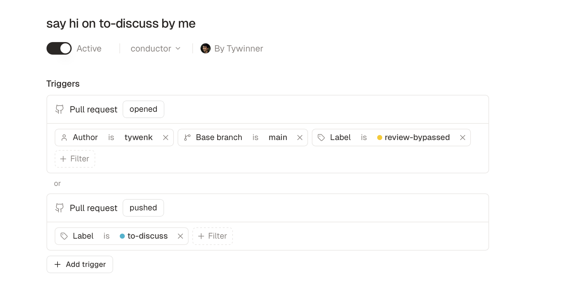 A routine with two pull request triggers, filtered by author, base branch, and label