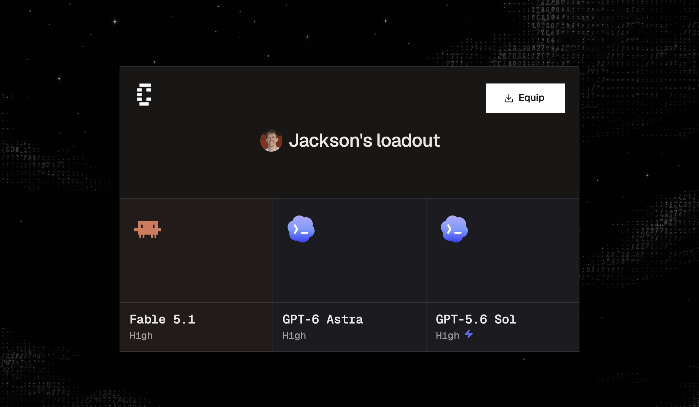 A shared loadout page with an Equip button