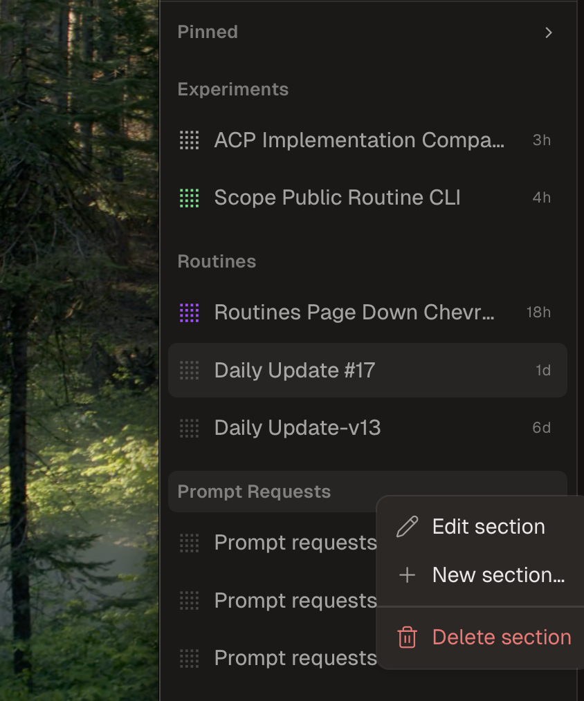 Sidebar sections with options to edit, create, or delete a section
