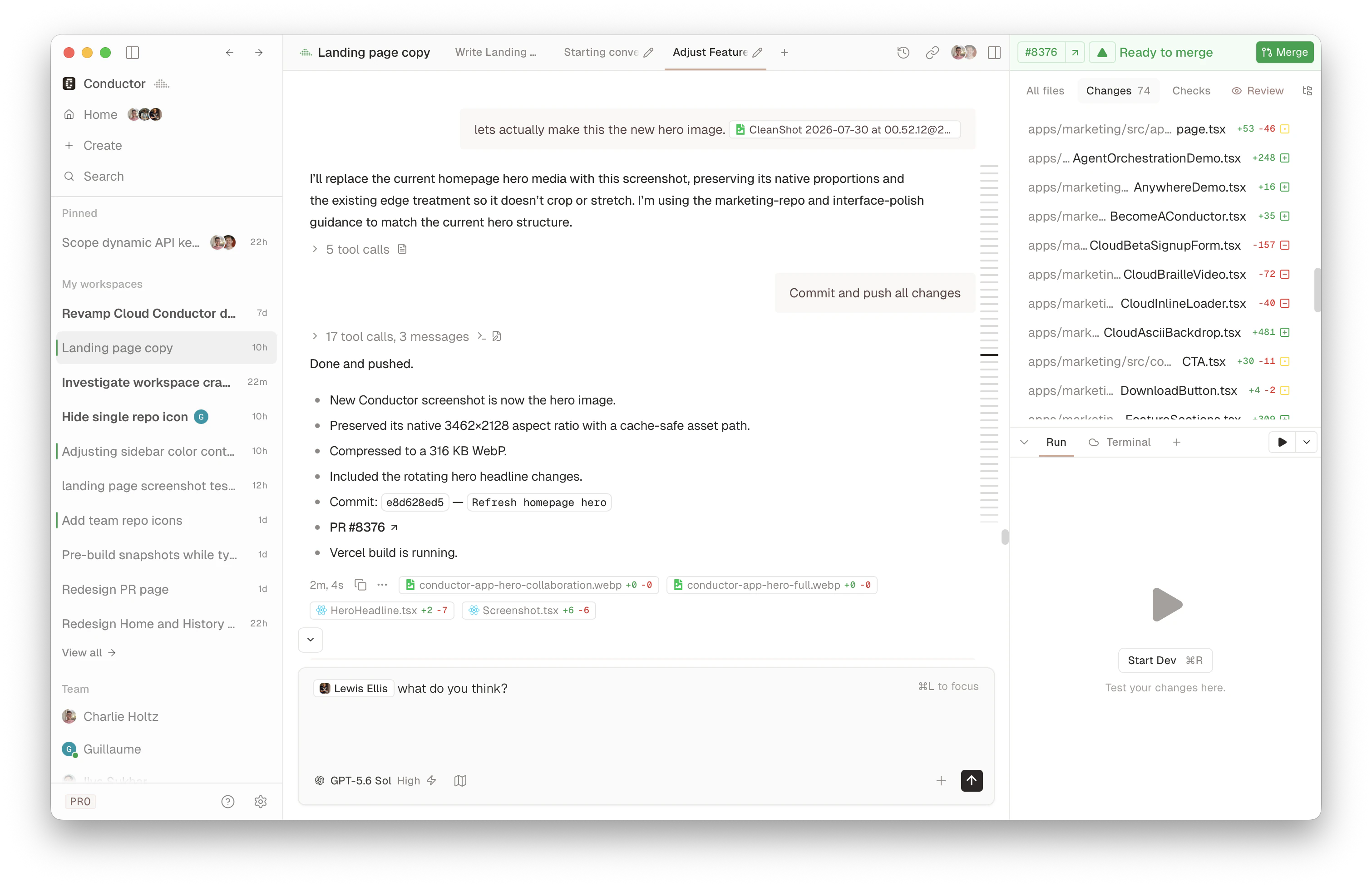 Conductor app showing collaborative agent chats and a changes panel