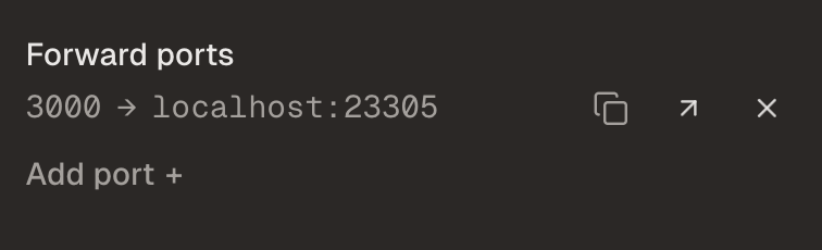 The Forward ports section showing a cloud port mapped to a local localhost port with copy, open, and remove controls
