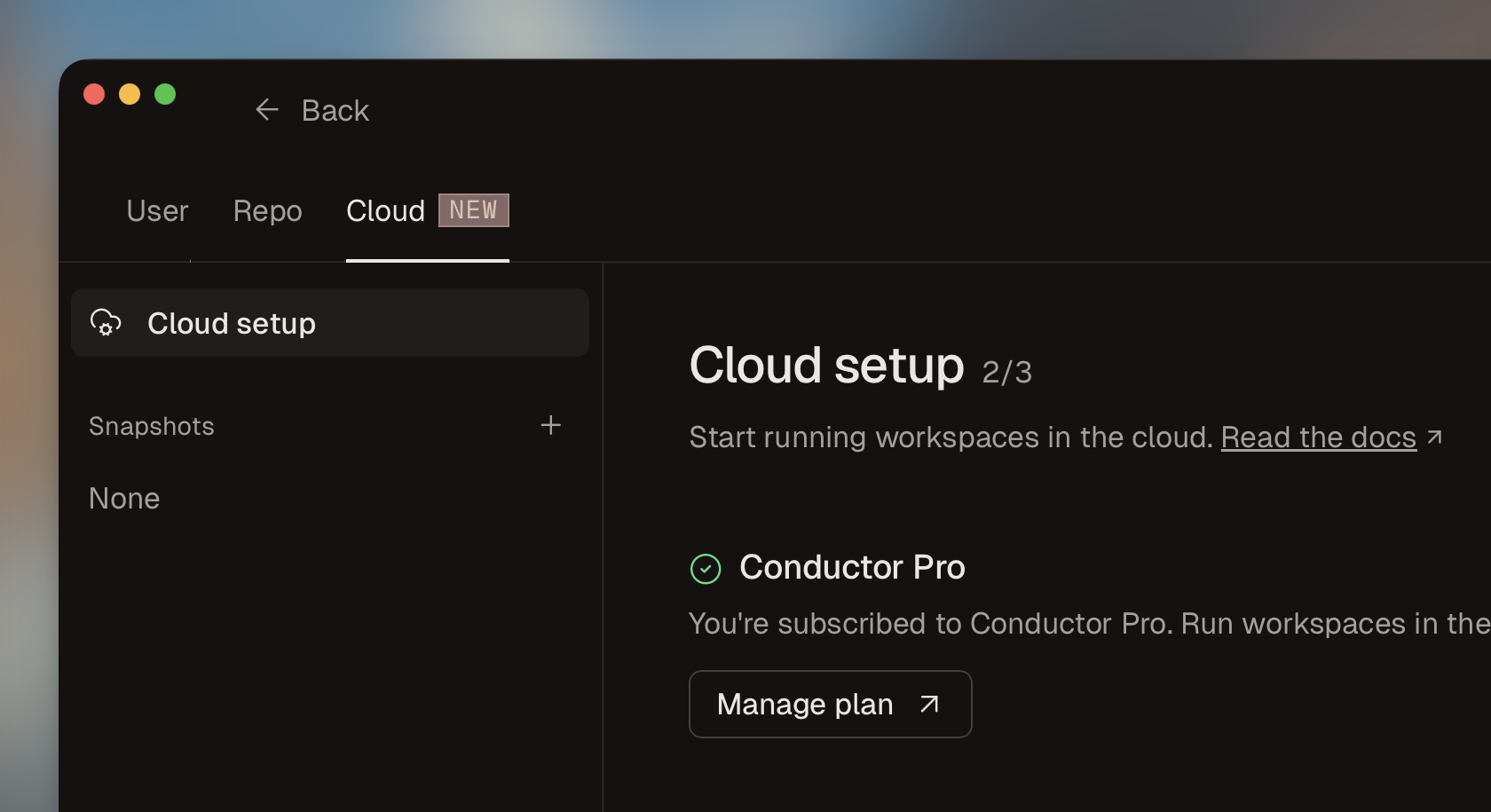 Conductor settings open to the Cloud tab, showing the Cloud setup section