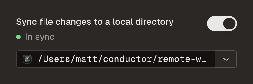 The Sync files toggle showing an in sync status and a local directory path selector