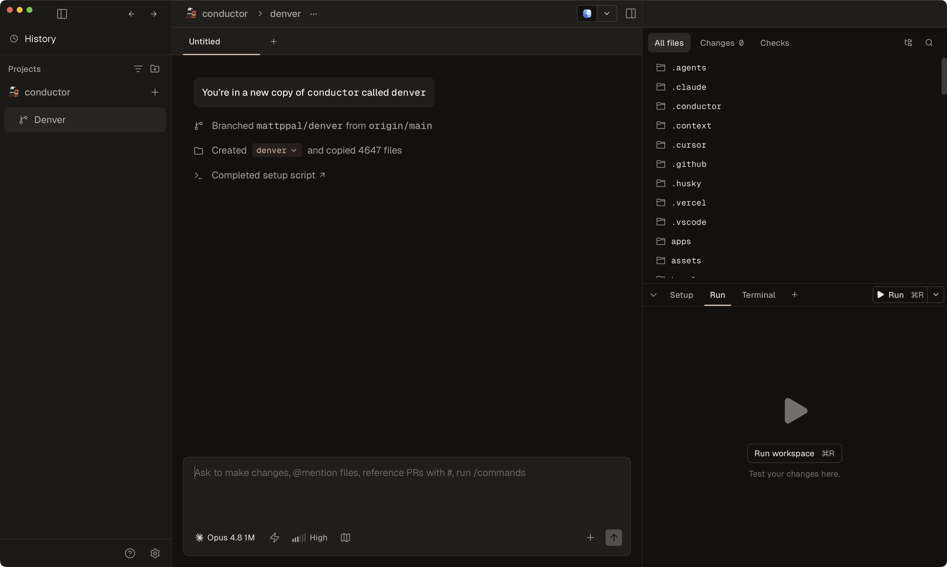 Conductor workspace created for a Claude Code task, showing the new branch, copied files, and completed setup