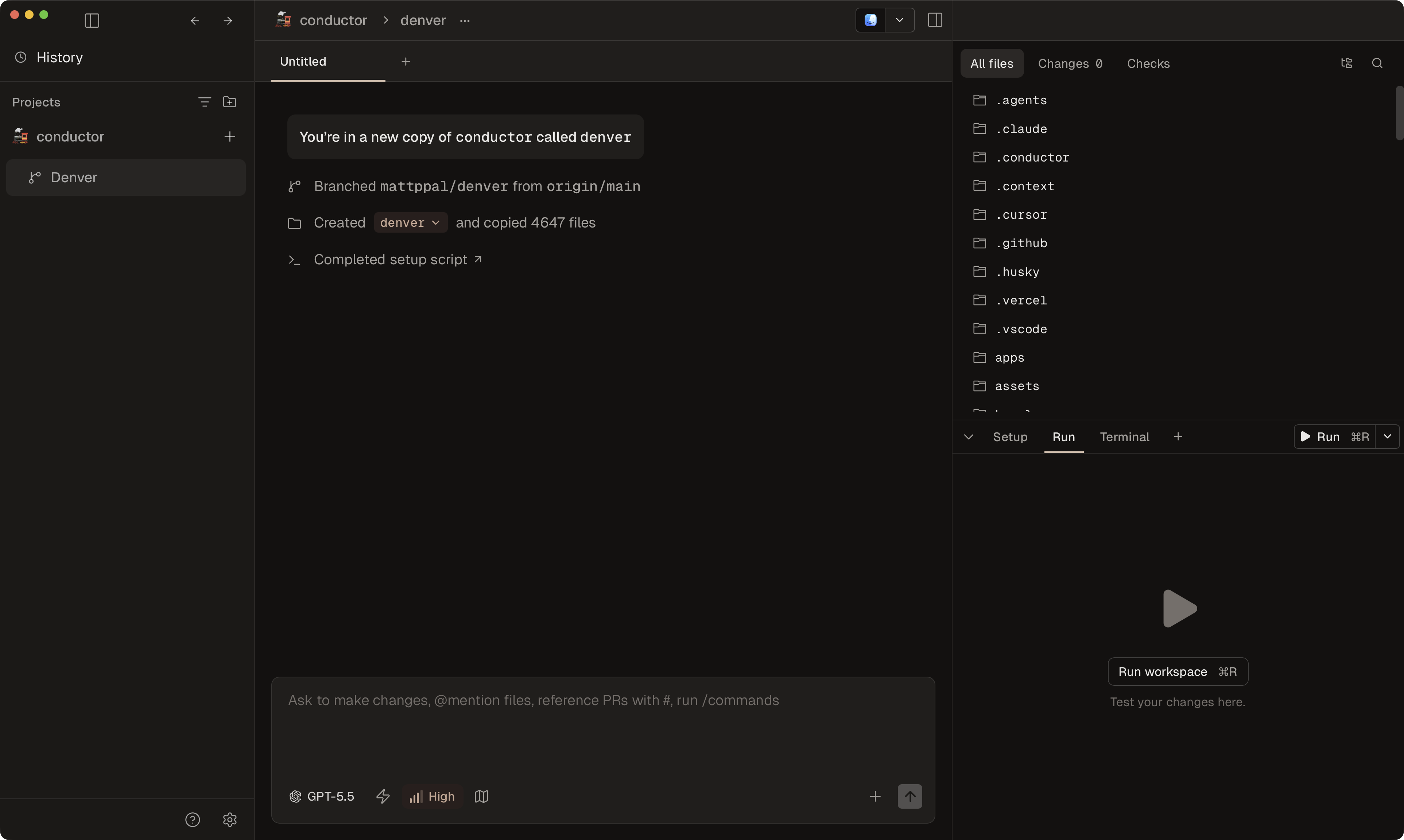 Conductor workspace created for a Codex task, showing the new branch, copied files, and completed setup