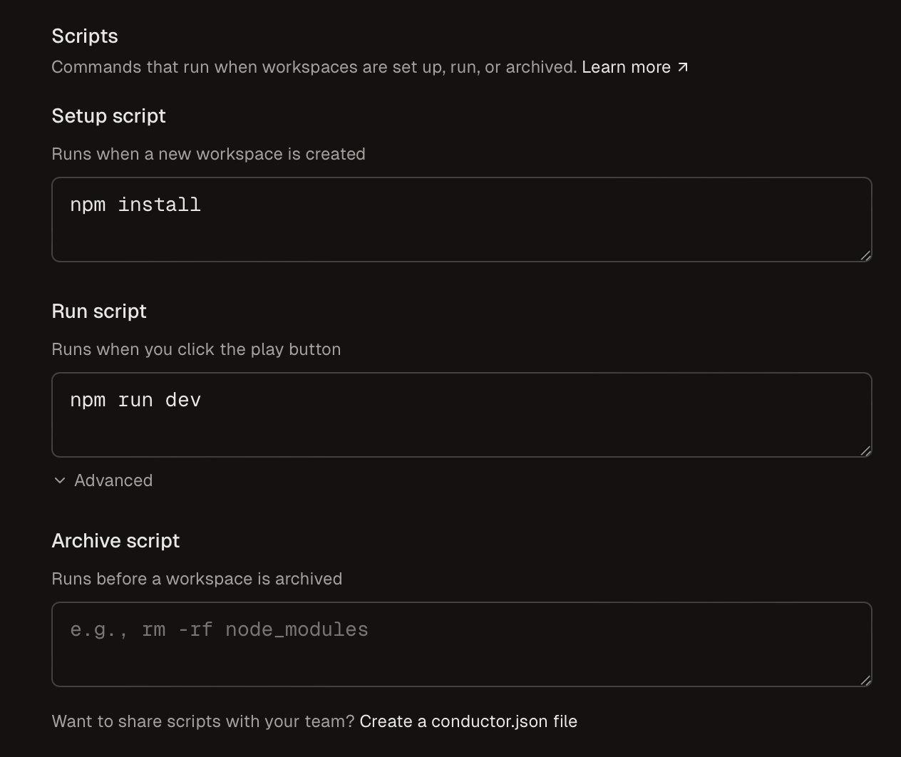 Scripts section in Repository Settings